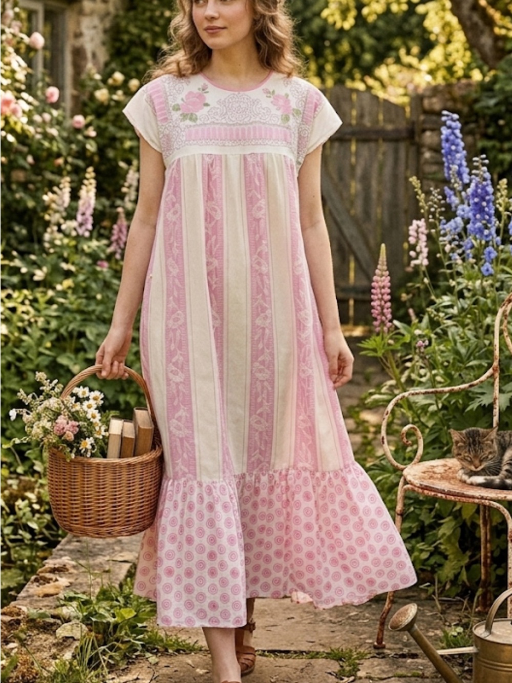OOAK Jackie’s Original Upcycled Pink & Cream Floral Stripe Maxi Dress